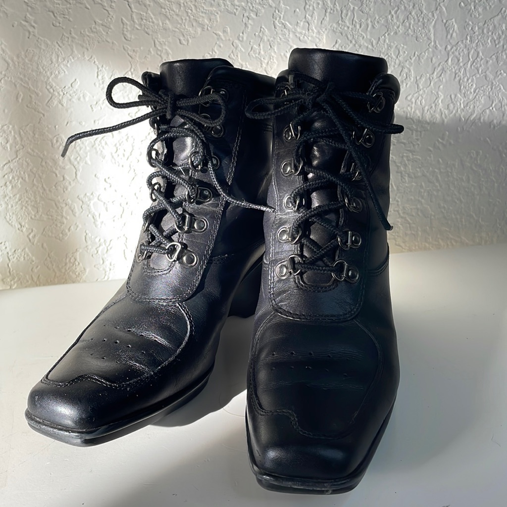 Timberland Black Leather Square Toe Punk Lace Up Wedge High Ankle Boot. 6.5